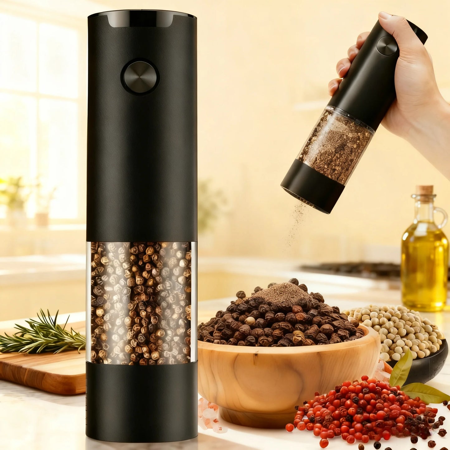 Electric Salt and Pepper Grinder Mill – One-Button Auto Seasoning Grinder with Adjustable Coarseness