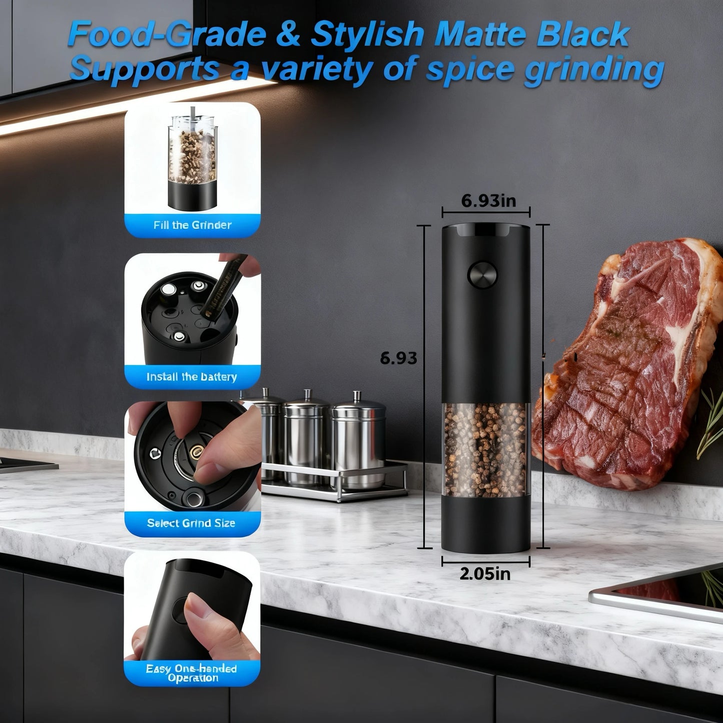 Electric Salt and Pepper Grinder Mill – One-Button Auto Seasoning Grinder with Adjustable Coarseness