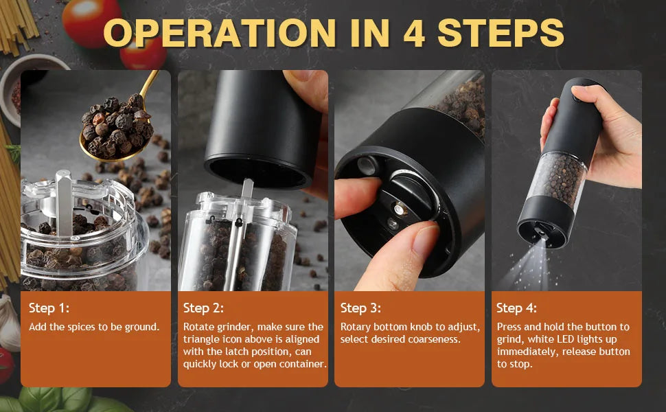 Electric Salt and Pepper Grinder Mill – One-Button Auto Seasoning Grinder with Adjustable Coarseness
