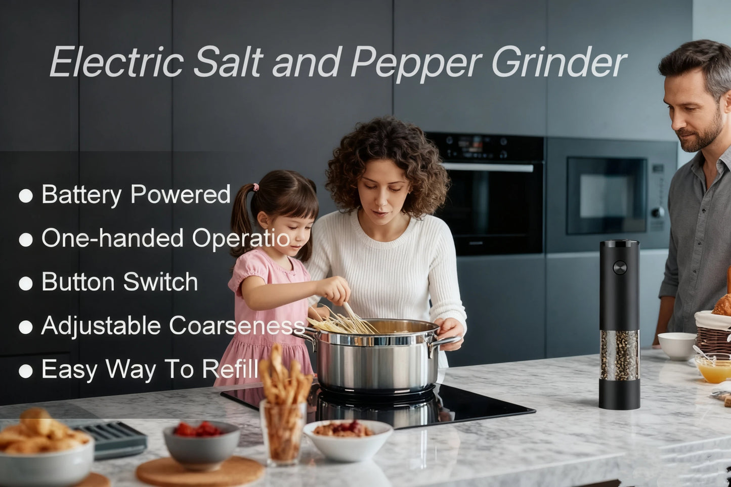 Electric Salt and Pepper Grinder Mill – One-Button Auto Seasoning Grinder with Adjustable Coarseness