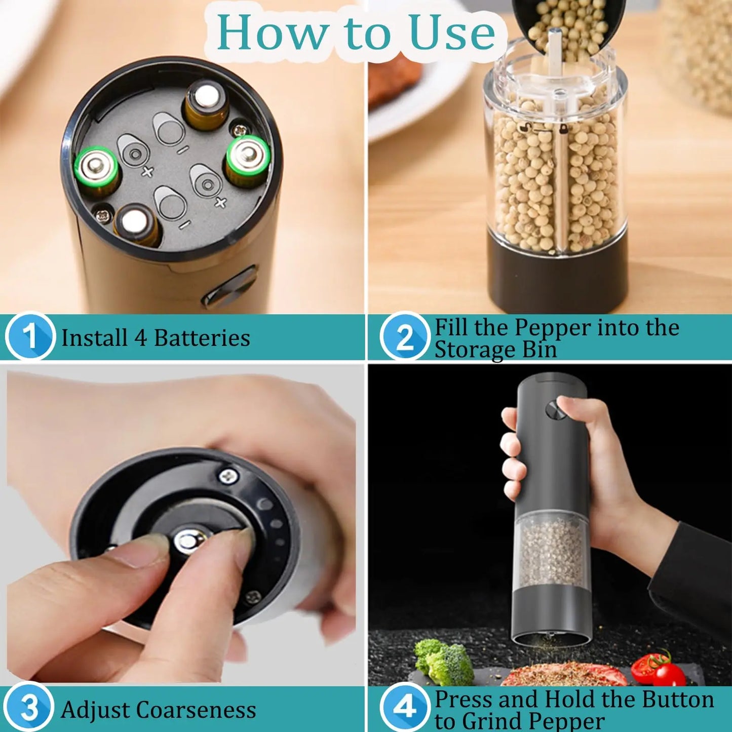 Electric Salt and Pepper Grinder Mill – One-Button Auto Seasoning Grinder with Adjustable Coarseness